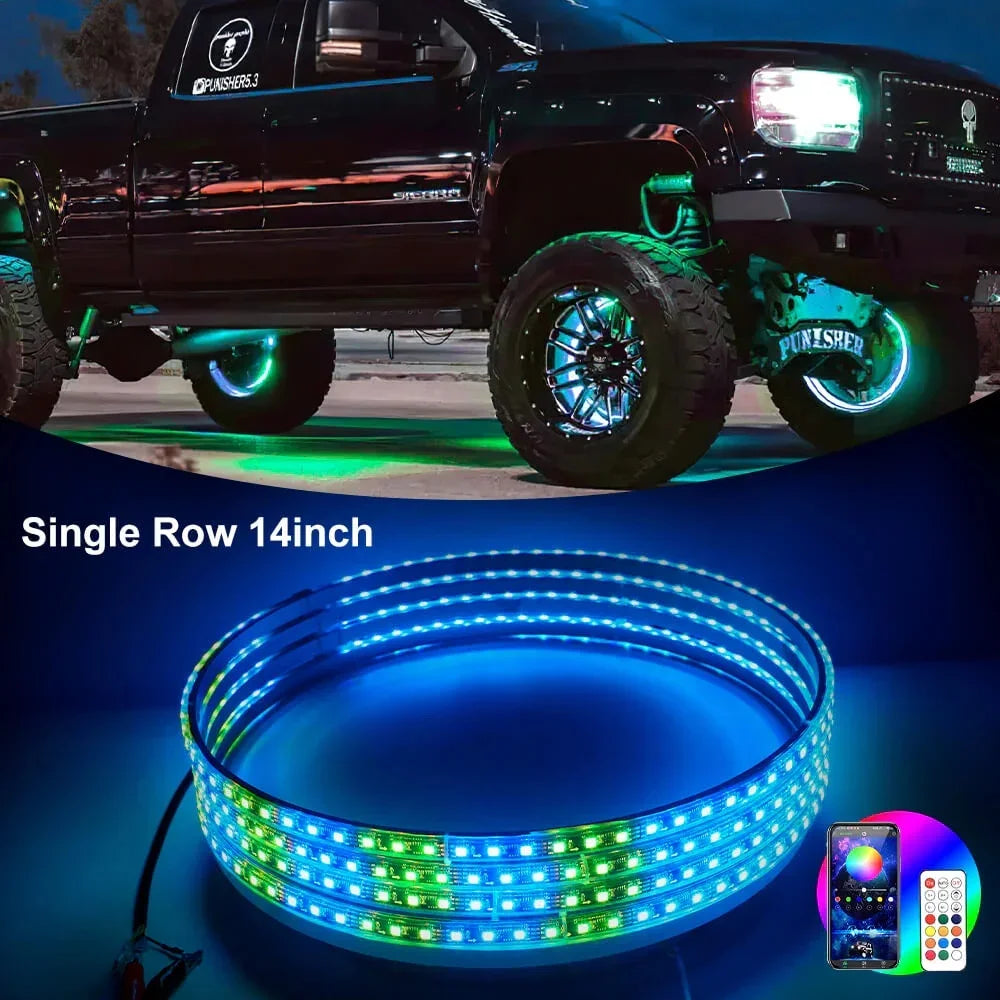 GlowMo Chasing RGB Wheel Halo Kit — App + Remote, IP67, Set of 4 (15.5")