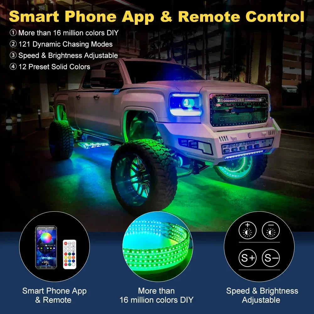 GlowMo Chasing RGB Wheel Halo Kit — App + Remote, IP67, Set of 4 (15.5")
